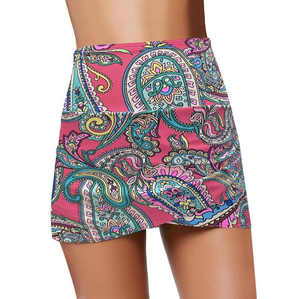 Women's High Waist Tulip Hem Shirring Swim Skirt Swimsuit Bikini Bottom Paisley